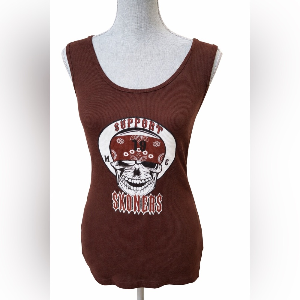 Kavio Brown Ribbed Skull Graphic Tank Top Biker Grunge Y2K Size Large